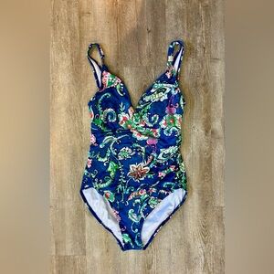 Lauren Ralph Lauren One Piece Swimsuit Womens 8 Blue Floral Paisley V Neck